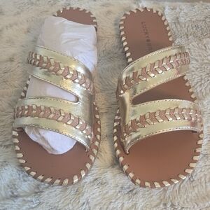 Lucky Brand Metallic Gold and Tan Slides